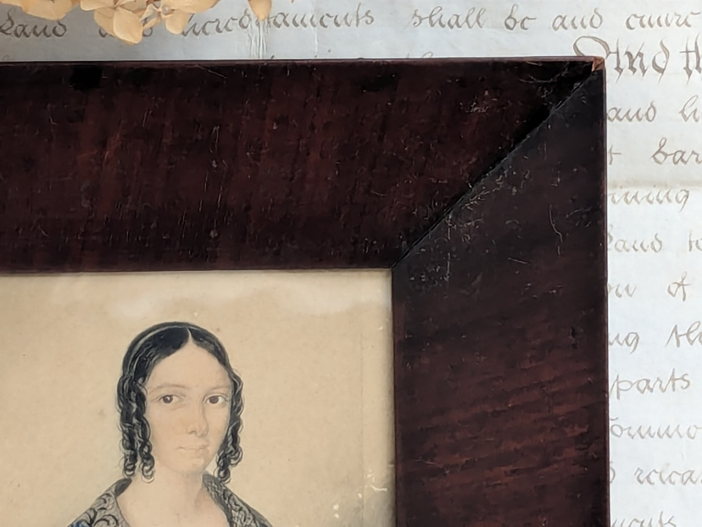 Antique portrait miniature of a lady with her workbox