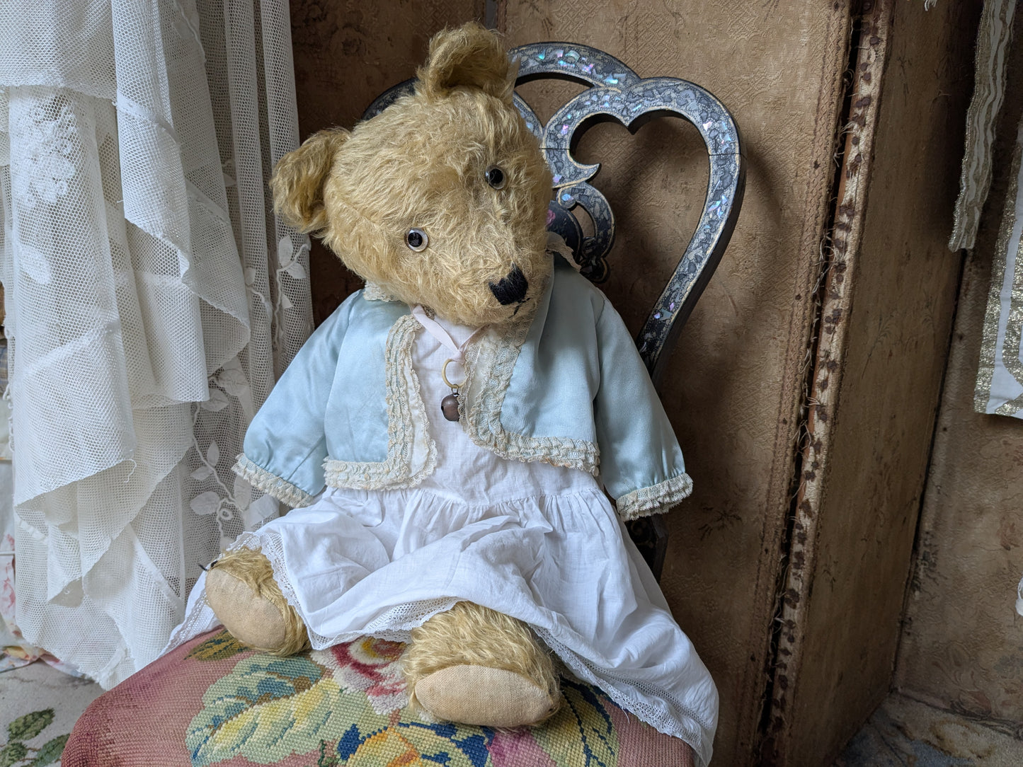 Vintage 25 inch Chiltern teddy bear in antique clothing