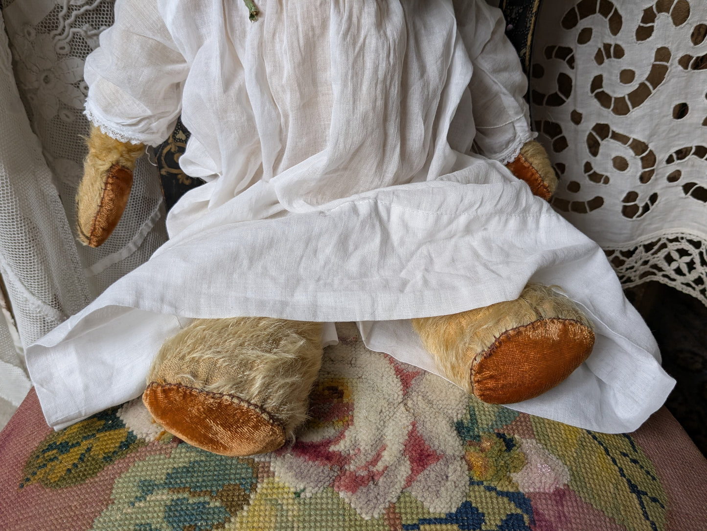 Vintage Chiltern teddy bear in antique dress 20"