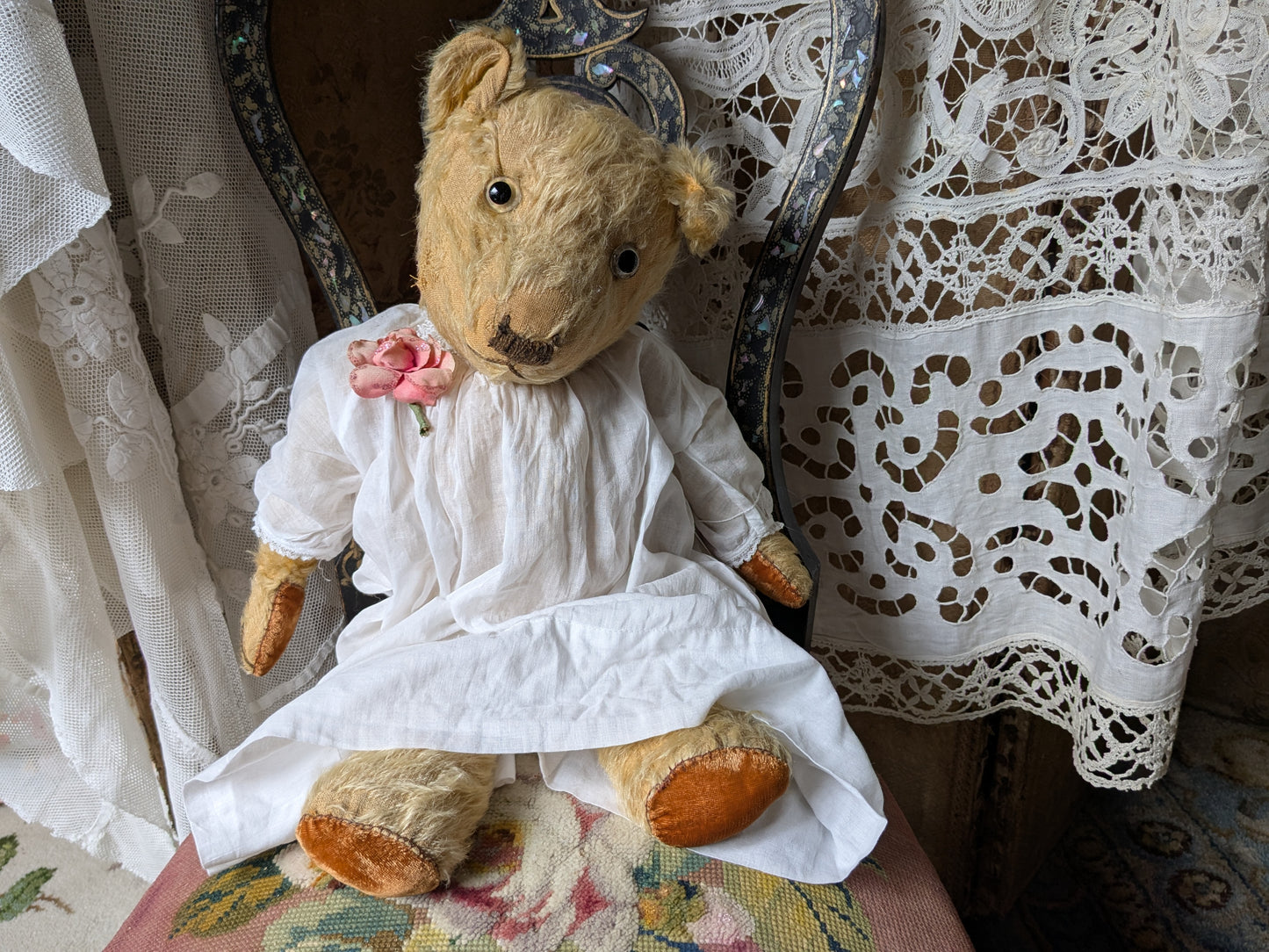 Vintage Chiltern teddy bear in antique dress 20"