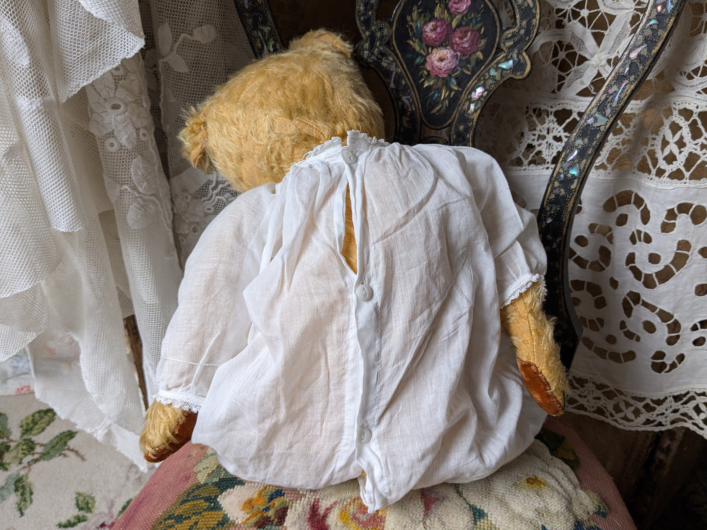Vintage Chiltern teddy bear in antique dress 20"