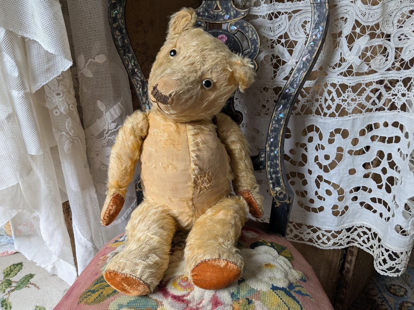 Vintage Chiltern teddy bear in antique dress 20"