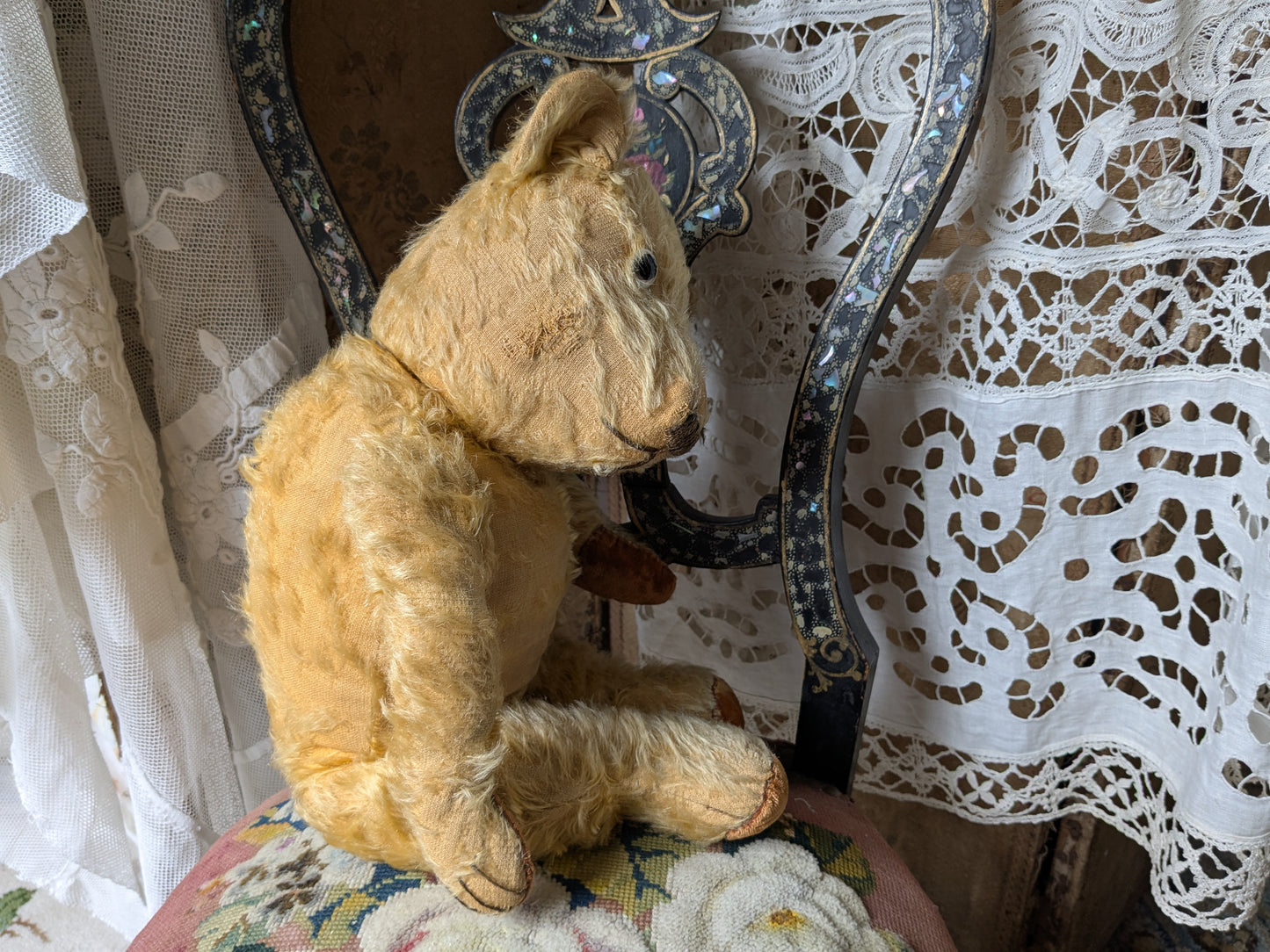 Vintage Chiltern teddy bear in antique dress 20"