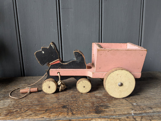 Vintage Triang wooden pull toy, Scottie dog & pink cart