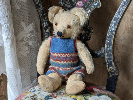 Vintage Merrythought bear in wool suit with rucksack